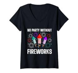 Damen Feuerwerk NO PARTY WITHOUT FIREWORKS Lustiges Silvester T-Shirt mit V-Ausschnitt von Geschenke zu Silvester Feuerwerk Shirt Neues Jahr