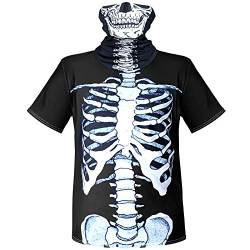 2 Stück Skelett-Shirt Skelett Rippenkäfig T-Shirt Totenkopf Gesicht Bandana Halstuch, Halloween-Kostüm, Hemd für Herren (XL), Schwarz, XL von Geyoga