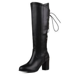 Gicoiz Damen Blockabsatz Stiefel Retro Equestrian Kniehohe Stiefel Schnüren Runde Zehen Winter Arbeit Mode Romisch Reitstiefel Zip Schwarz Gr 45 EU-47Cn von Gicoiz