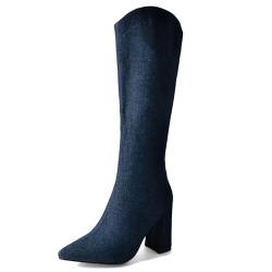 Gicoiz Damen Elegant Pointed Toe Knee High Denim Stiefel Blockabsatz Stiefel Winter Mode Abend Warm Reitstiefel Chunky Dark-Blau/Rl Gr 40 EU-41Cn von Gicoiz