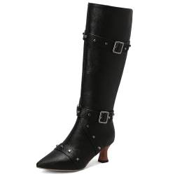 Gicoiz Damen Pointed Toe Equestrian Knee High Kitten Heel Stiefel Winter Comfy Schnalle Strappy Mode Reitstiefel Zip Niedrige Absatz Schwarz Gr 42 EU-44Cn von Gicoiz