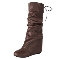 Gicoiz Damen Runde Zehen Ohne Verschluss Knee High Ruched Mokassin Stiefel Winter Comfy Interne Erhohen Keilabsatz Leisure Reitstiefel Arbeit Braun Gr 37 EU-38Cn von Gicoiz