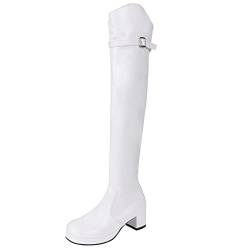 Gicoiz Damen Runde Zehen Overknees Plateau Overknees Stiefel Winter Mode Blockabsatz Stiefel Warm Stretch Thigh High Party Riding Stiefeletten Weiß Gr 39 EU-40Cn von Gicoiz