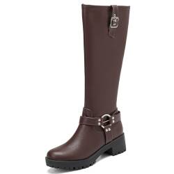 Gicoiz Knee High Harness Equestrian Damen Runde Zehen Stiefel Winter Komfort Blockabsatz Stiefel Plateau Horse Riding Schnalle Retro Booty Braun Gr 34 EU von Gicoiz