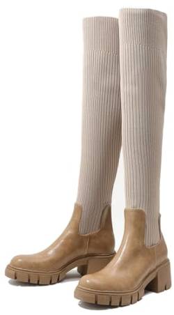 Damen Over The Knee Oberschenkel Hoch Stiefel Seitenreißverschluss Stretch Gestrickt Runde Zehe Kleid Hohe Stiefel Gemütlich Weite Wade Herbst Winter Plateau Warm Booties(White,37 EU) von Gikleihwy