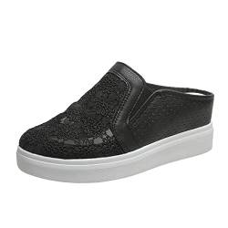 Damen Spitze Hohl Segeltuch Loafer Mode Slip-Ons Runde Zehe Niedrige Spitze Leichtgewicht Mesh Atmungsaktiv Turnschuhe Sommer Rutschfest Gehen Turnschuhe Bequem Höhe Erhöhen Schuhe(Half pack Black,39 von Gikleihwy