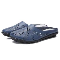 Frauen Ausgehöhlt Orthopädische Faulenzer, Bequem Leichtes Rückenfrei Flach Pantoletten Sandalen, Niedriges Oberteil Flach Leder Slipper Faulenzer Schuh(Blue,42 EU) von Gikleihwy