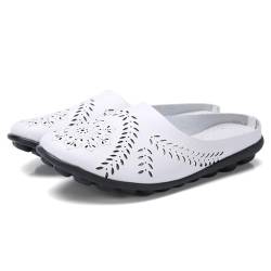 Frauen Ausgehöhlt Orthopädische Faulenzer, Bequem Leichtes Rückenfrei Flach Pantoletten Sandalen, Niedriges Oberteil Flach Leder Slipper Faulenzer Schuh(White,35 EU) von Gikleihwy