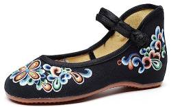 Frauen Chinesisch Bestickt Blume Flach Schuhe Klassisch Knöchelriemen Rückenfrei Gehen Segeltuch Schuhe Bequem Geblümt Brautschuhe Ballett Halbschuhe für Cheongsam(Black,42 EU) von Gikleihwy