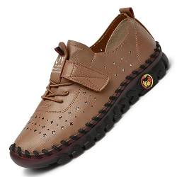 Frauen Leder Weich Rindfleisch Sehne Flach Turnschuhe Klettverschluss Runde Zehe Schlupf Handgefertigt Mama Faulenzer Bequem rutschfest Atmungsaktiv Gehen Schuhe(Cutout Brown,43 EU) von Gikleihwy