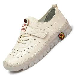 Frauen Leder Weich Rindfleisch Sehne Flach Turnschuhe Klettverschluss Runde Zehe Schlupf Handgefertigt Mama Faulenzer Bequem rutschfest Atmungsaktiv Gehen Schuhe(Cutout White,42 EU) von Gikleihwy