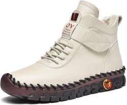 Frauen Leder Weich Rindfleisch Sehne Flach Turnschuhe Klettverschluss Runde Zehe Schlupf Handgefertigt Mama Faulenzer Bequem rutschfest Atmungsaktiv Gehen Schuhe(High Top White,38 EU) von Gikleihwy