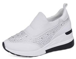 Frauen Strass Keil Turnschuhe Versteckte Höhe Erhöhend Hoch Oben Runde Zehe Sportschuhe Leder Schnürer Hochzeit Wandern Draußen Turnschuhe(White,36 EU) von Gikleihwy