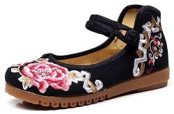 Geblümt Bestickt Schuhe für Frauen Chinesisch Traditionell Knöchelriemen Runde Zehe Plattform Keile Schuhe Handgefertigt Ballett Segeltuch Hanfu Schuhe(Black,35 EU) von Gikleihwy