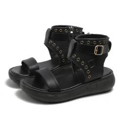 Gikleihwy Frauen Hochwertig Leder Sandalen, Bequem Offene Zehe Gothic Plateau Römisch, Verstellbar Knöchelschnalle Anti-Rutsch Schuhe für Die Tägliche Arbeit(Black,37 EU) von Gikleihwy