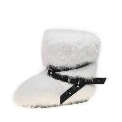 Gikleihwy Frauen Kunstpelz Stiefel, Kreuzgürtel Mittlere Wade Flauschig pelzig Schneestiefel, Damen Warm Runde Zehe Flauschige Fuzzy Stiefel Gemütlich Draußen Winter Stiefel(White,36 EU) von Gikleihwy