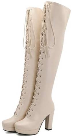 Gikleihwy Frauen Plattform Hoch Stiefel Quadratische Spitze Geschnürt Stöckelschuhe Winterstiefel Hohe Absätze Über Die Knie Oberschenkel hohen Stiefel Herbst Sexy Ritter Stiefel(White,41 EU) von Gikleihwy