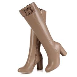 Gikleihwy Frauen Schnallenriemen Kniestrümpfe Ritter Reiten Stiefel Versteckt Seitenreißverschluss Runde Zehe PU Schick Lässig Klassisch Täglich Winter Ranching Stiefel(Apricot,37 EU) von Gikleihwy