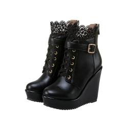 Gikleihwy Frauen Schnee Stiefel Faux Wildleder Keil Absatz Mittlere Wade Stiefel Außenbereich Warm Pelzgefüttert Knöchel kurz Booties Retro Schnürung Leder Kurz Winter Booties(Black,43 EU) von Gikleihwy