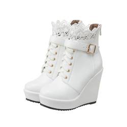 Gikleihwy Frauen Schnee Stiefel Faux Wildleder Keil Absatz Mittlere Wade Stiefel Außenbereich Warm Pelzgefüttert Knöchel kurz Booties Retro Schnürung Leder Kurz Winter Booties(White,36 EU) von Gikleihwy