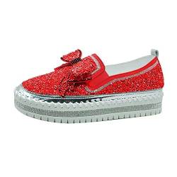 Strassstein Schleifenknoten Faulenzer für Frauen Lässig Ausrutschen Plattform Maultier Schuhe Damen Glitzer Bling Flach Penny Schuhe(Red,37 EU) von Gikleihwy