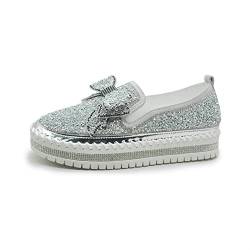 Strassstein Schleifenknoten Faulenzer für Frauen Lässig Ausrutschen Plattform Maultier Schuhe Damen Glitzer Bling Flach Penny Schuhe(Silver,41 EU) von Gikleihwy