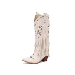 GiledGrace Damen Franse Cowboy Stiefel Kniehoch Embroidered Schlupf Blockabsatz Cowgirl Boot Quasten Pointed Toe Western Stiefel White Große 47 von GiledGrace