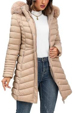 Giolshon Damen Puffer Jacke Fleece gefüttert gesteppte Wattierung Blase Mantel mit Kunstpelz abnehmbare Kapuze G23-18 Aprikose XL von Giolshon