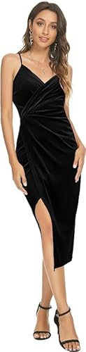 Gkaopi Damen Cocktailkleid Elegant Samtkleid Abendkleid Ärmellos Spaghettiträger Partykleid Sexy V-Ausschnitt Wickelkleid mit Seitenschlitz Fitted Midikleid Bodycon für Festliche Ball Party Cocktail von Gkaopi