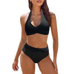 Gkojhj Damen Zweiteiliger Badeanzug, V Ausschnitt überkreuztes Blumenmuster Bikini Bademode Bauchkontrolle Bikini Sets High Waist Sommer von Gkojhj