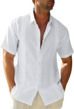 Glacspyg Leinenhemd Herren Sommer Kurzarm Guayabera Leinenhemd Arbeit Freizeithemd Fit Business Casual Urlaub Weiß M von Glacspyg