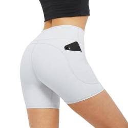 Glacspyg Radlerhose Damen mit Tasche Kurze Sporthose V-Taille High Waist Gym Shorts Kurze Leggings für Yoga Gym Fitness Laufen Weiß S von Glacspyg