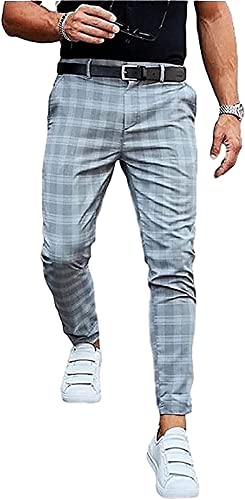 Freizeithosen Herren Karierte Hose Chinohose Anzughose Anzug Herrenhose Pants Elegant Business Slim Fit Regular Klassisch Classic Basic (Color : Grau Blau, Size : L) von Glenmi