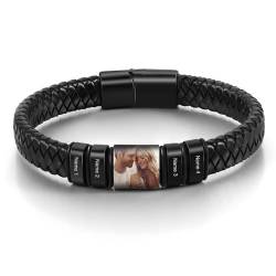 Personalisiertes Armband für Männer Benutzerdefiniertes Foto Armband mit 2-5 Namen Gravierte Armbänder Geschenk für Papa Freund Vatertag Geburtstag, 3 Names, Leder von Glooraca