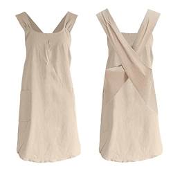 Glorlliant Schürze Baumwolleleinen Weiche Japanischer Stil Küchenschürze mit Taschen Kreuz Bandage Einfarbige Anti-Rutsch Kochen Frauen Schürze für Küche, Backen, Floristik, Khaki von Glorlliant