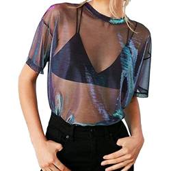 Damen Netzstoff Shirtnetz Oberteil Transparentes Shirt Modisches Sexy Mesh Top Netzshirt Damen Kurze Ärmel Mesh Shirt Durchsichtige Glitzer-Top Party Club Mesh Oberteile Bluse Tunika (Purple, XL) von Glücksvogel