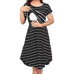 Damen Umstandskleid Lässiges Kurzarm Stillkleid Sommer Baumwolle Rundhals Stillkleid Knielang Hohe Taille Schwangere Lässiges Frühling Kleider Schwangerschaftskleid Umstandsmode Kleide für (Black, XL) von Glücksvogel