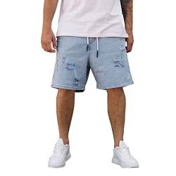 Glücksvogel Denim Jeans Shorts Herren Kurze Hose Freizeithose Ripped Jeans Vintage Zerrissen Destroyed Hose Baumwolle Sommer Freizeit Stretch Basic Shorts Men Regular Fit Short Pants (Blue, L) von Glücksvogel