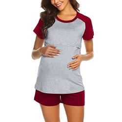 Glücksvogel Stillpyjama Set Damen Kurzarm Umstands Pyjama Zweiteiliger Still Schlafanzug Kurz Sommer Nachtwäsche Stillzeit Sleepshirt mit U Ausschnitt Casual Huasanzug für Schwangerschaft (Red, XXL) von Glücksvogel