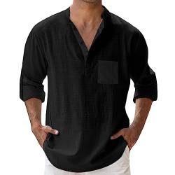 Hemd Herren Leinenhemd Baumwolle Langarm Hemden Männer Freizeithemd Shirt Casual Regular Fit Herbst Winter Herren Hemd Business Hemd Herrenhemden Men Leinenshirt (Black, L) von Glücksvogel