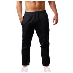 Leinenhose für Herren Leicht Loose Freizeithose Sommer Lang Baggy Jogginghose Einfarbig Lässige Sommerhose Elastischer Bund Stoffhose Baumwolle Yogahose Urlaub Strandhose mit Taschen (Black, M) von Glücksvogel