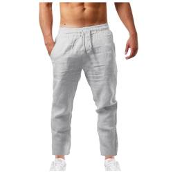 Leinenhose für Herren Leicht Loose Freizeithose Sommer Lang Baggy Jogginghose Einfarbig Lässige Sommerhose Elastischer Bund Stoffhose Baumwolle Yogahose Urlaub Strandhose mit Taschen (Grey, S) von Glücksvogel