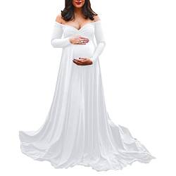 Umstandskleid Fotoshooting Schulterfreies Tüll Langes Maxikleid Damen Trägerloses Rüschen Elegant Tailliert Mutterschafts Kleid Off Shoulder Schwangerschafts Umstandsmode Mutterschaft Maxi (White, XL) von Glücksvogel