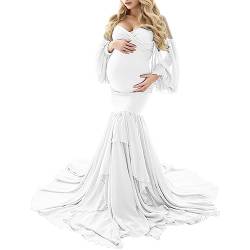 Umstandskleid Frauen Fotoshooting Schulterfreies Schwangerschafts Kleid Chiffon Tüll Langes Maternity Gown Foto Shoot Kleid Fotografie Stützen Festlich Hochzeit Elegant Abendkleider (White, S) von Glücksvogel