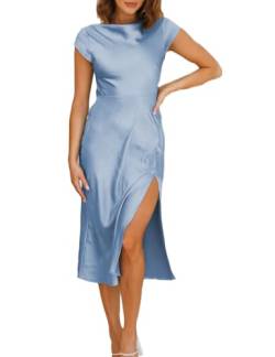 Damen-Sommerkleid aus Satin, elegant, rückenfrei, gedrehte Flügelärmel, Midi-Kleid, sexy Wasserfallausschnitt, Schlitz, Cocktailkleid, Hochzeitsgästekleider, Blau, Mittel von Gmeitoey