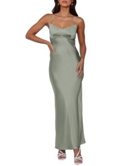 Sexy Sommerkleid, Satin, Spaghettiträger, Maxikleid für Damen, rückenfrei, ärmellos, Schlitz, Raffhalter, Cocktailkleid, Hochzeitsgast, Salbei, Groß von Gmeitoey