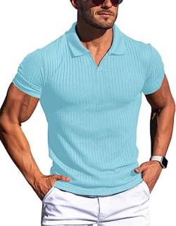 Gnvviwl Herren Muscle V Neck Polo Shirts Slim Fit Kurzarm Baumwolle Golf T-Shirts Rippstrick Weiche Tees, Himmelblau, L von Gnvviwl