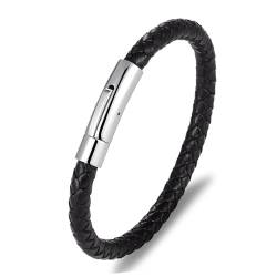 GoPaw Herren Lederarmband, Schwarz/Braun Herren geflochtenes Lederarmband mit genieteter Edelstahl-Wippschließe, Länge 19/21/23cm (Silberner Knopf, 19) von GoPaw