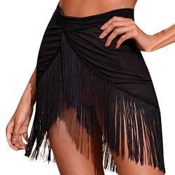 GoWm2022 Strandkleid Damen Strand Wrap Sarong Vertuschung Chiffon Badeanzug Wickelröcke mit Quasten für Urlaub Sexy Strandkleider Tücher Wickelrock (Schwarz, XXL) von GoWm2022