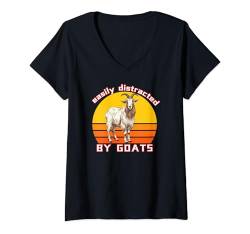 Damen Retro-Hemd mit Ziegenmotiv, leicht von Ziegen abgelenkt T-Shirt mit V-Ausschnitt von Goats Is All We Think About Gear